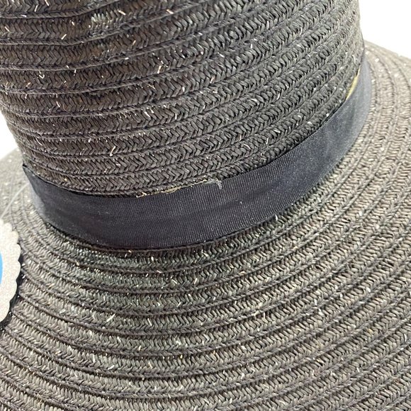 Fair Weather Black Straw Wide Brim Heart Crown Sun Hat - Picture 8 of 12